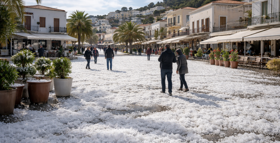 Ελλάδα: Χαλαζόπτωση στη Λέρο ανήμερα Χριστουγέννων – Έντονη χαλαζόπτωση στη Λέρο ανήμερα Χριστουγέννων δημιούργησε λευκό τοπίο χωρίς σοβαρά προβλήματα στην περιοχή του Λακκίου.