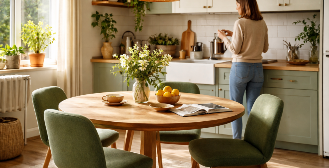 Lifestyle: Αλλαγή στην κουζίνα με στρογγυλό τραπέζι και πράσινες πινελιές – Ανανεώστε την κουζίνα σας με στρογγυλό τραπέζι και πράσινες πινελιές για πιο ζεστή και λειτουργική ατ...